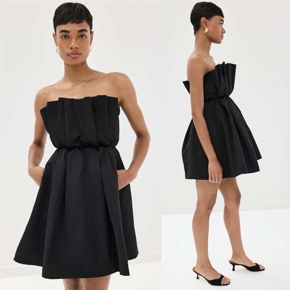 STAUD Dresses & Skirts - STAUD Cordelia Pleated Strapless Mini Dress Black Pockets Corset Size Medium